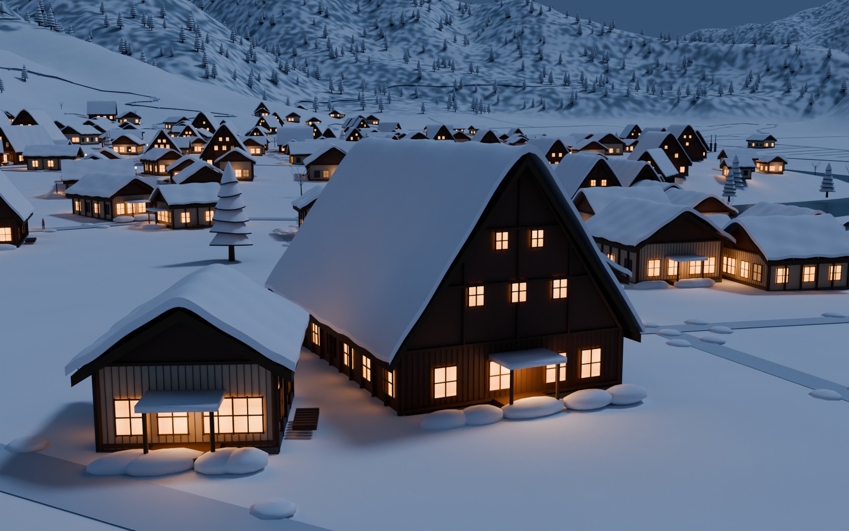 白川鄉合掌屋厚雪屋頂與暖色窗燈